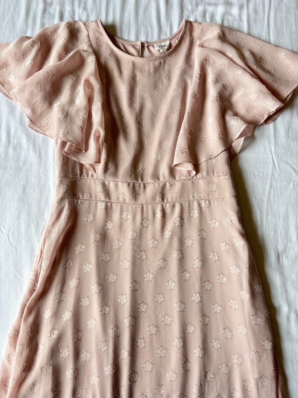 Blush Pink Floral Jacquard Flutter Sleeve Dress